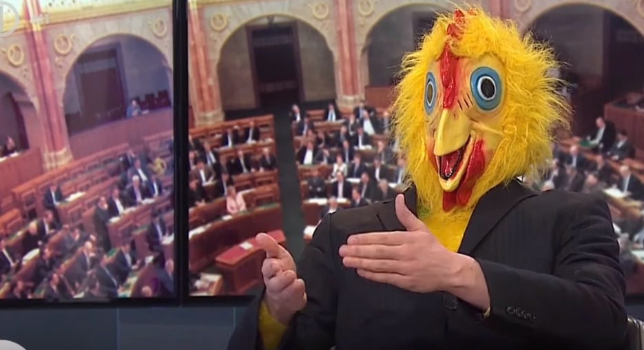 Csirkének öltözve, öt percig kotkodált élő adásban Kétfarkú jelöltje a köztévében – videó