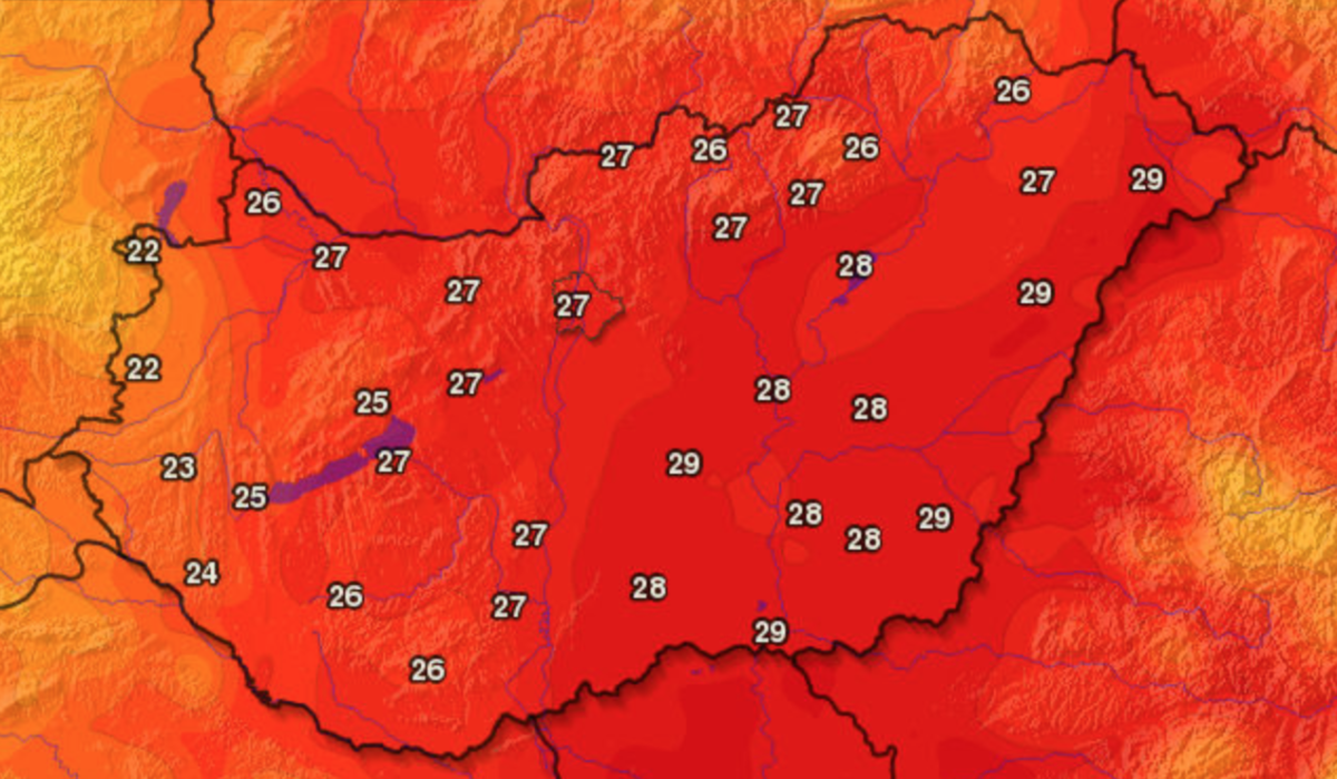 Várható hőmérsékletek az országban 2018. május 5-én, 14 óra magasságában (forrás: OMSZ / met.hu)